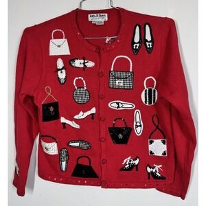 VTG Jack B Quick Red Novelty Purse Shoe Cardigan Sweater Sz M Embroidered Beaded